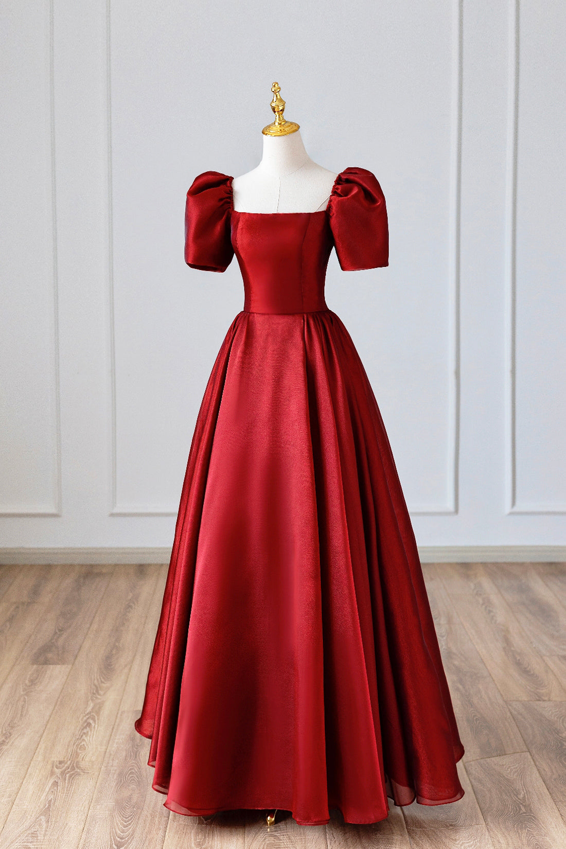 Burgundy Satin Long Prom Dress, Simple A-Line Short Sleeve Evening Dress