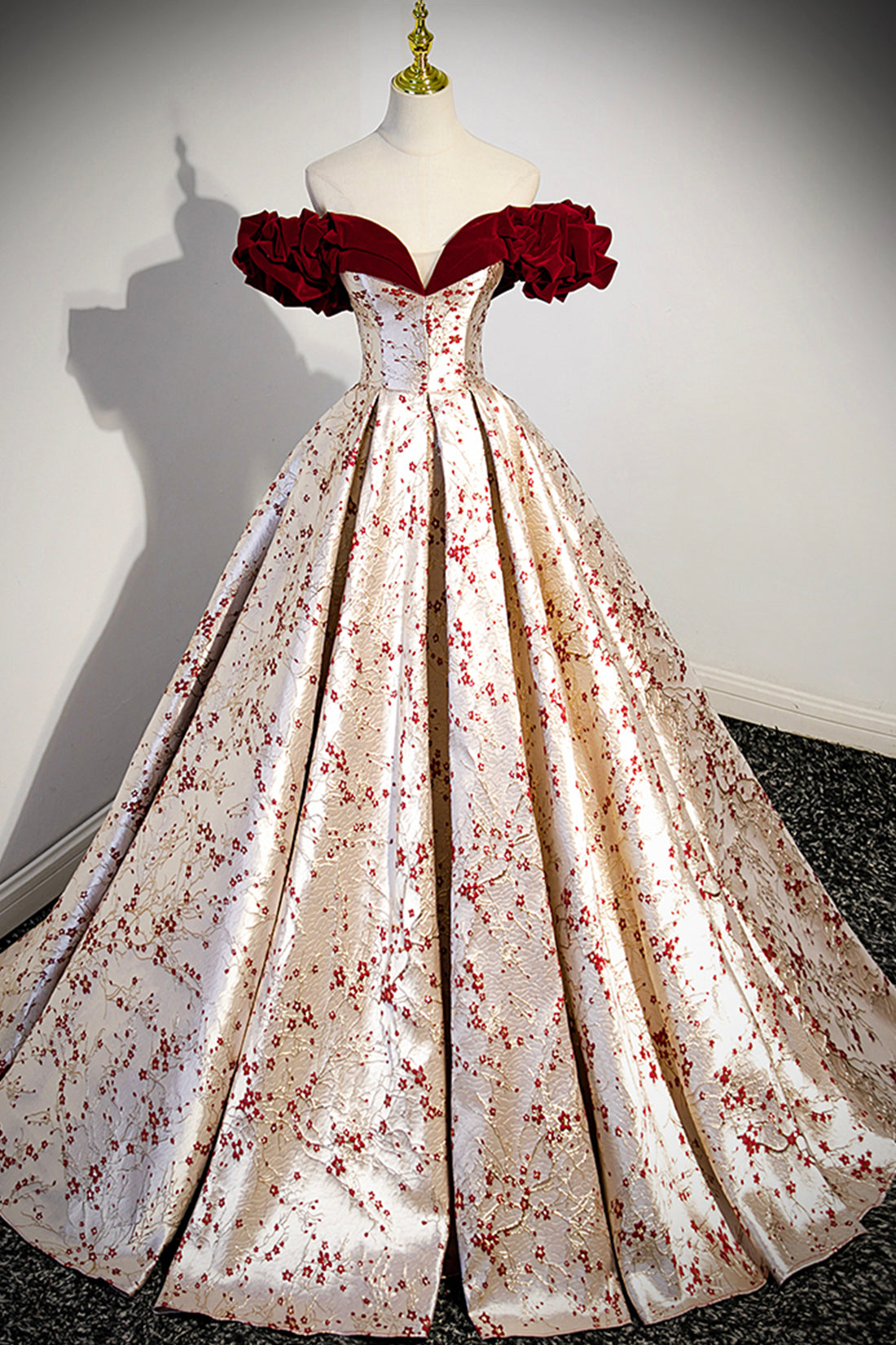 Off the Shoulder Floral Satin Long Prom Dress, Cute A-Line Evening Dress with Velvet
