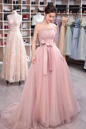 Pink Strapless Tulle Long Prom Dress, Beautiful Sweetheart Evening Dress