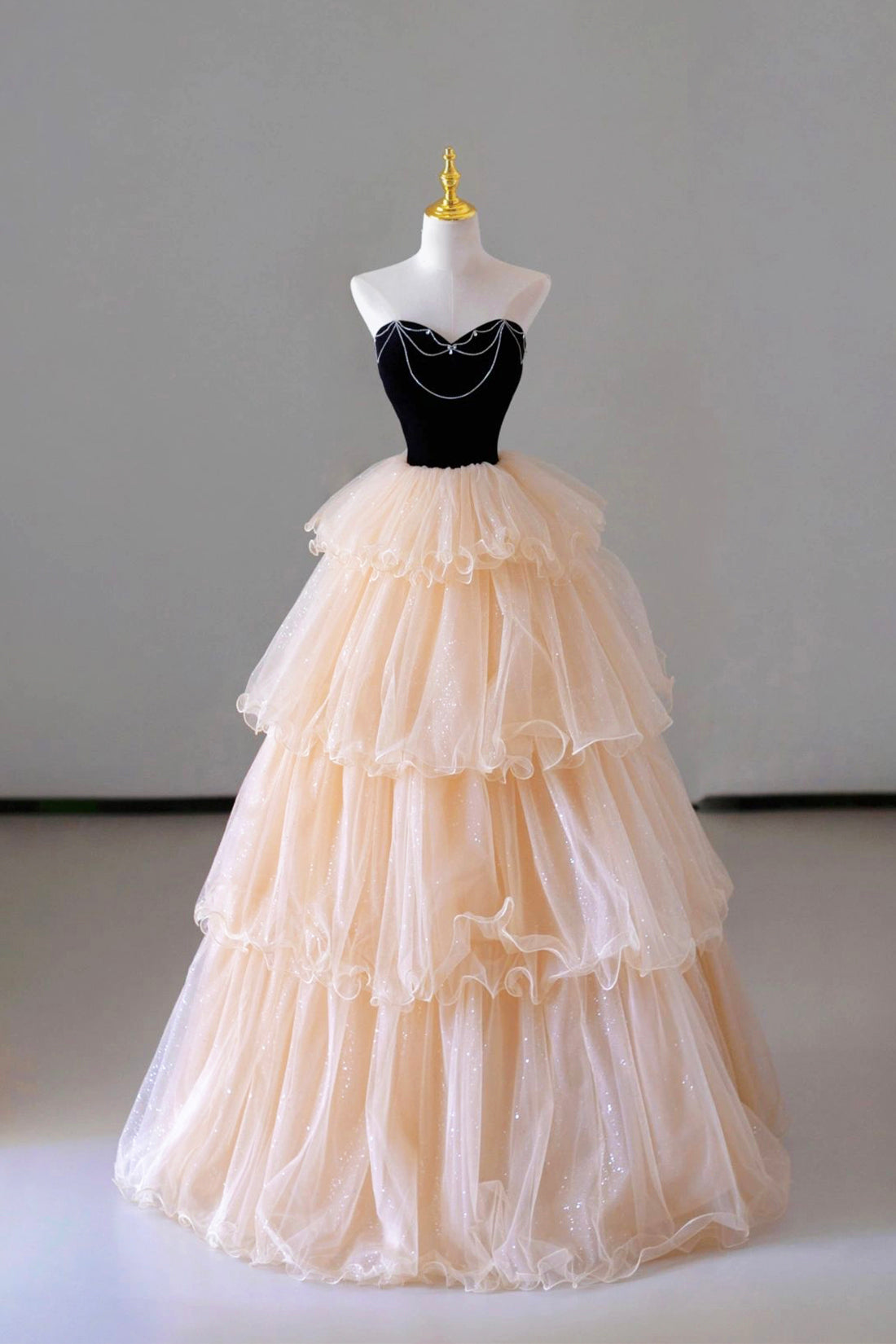 Champagne Sweetheart Tulle Layers Long Party Dress, Strapless A-Line Prom Dress