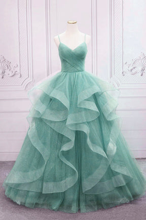 Green Spaghetti Strap Long Prom Dress, Green V-Neck Tulle Evening Dress