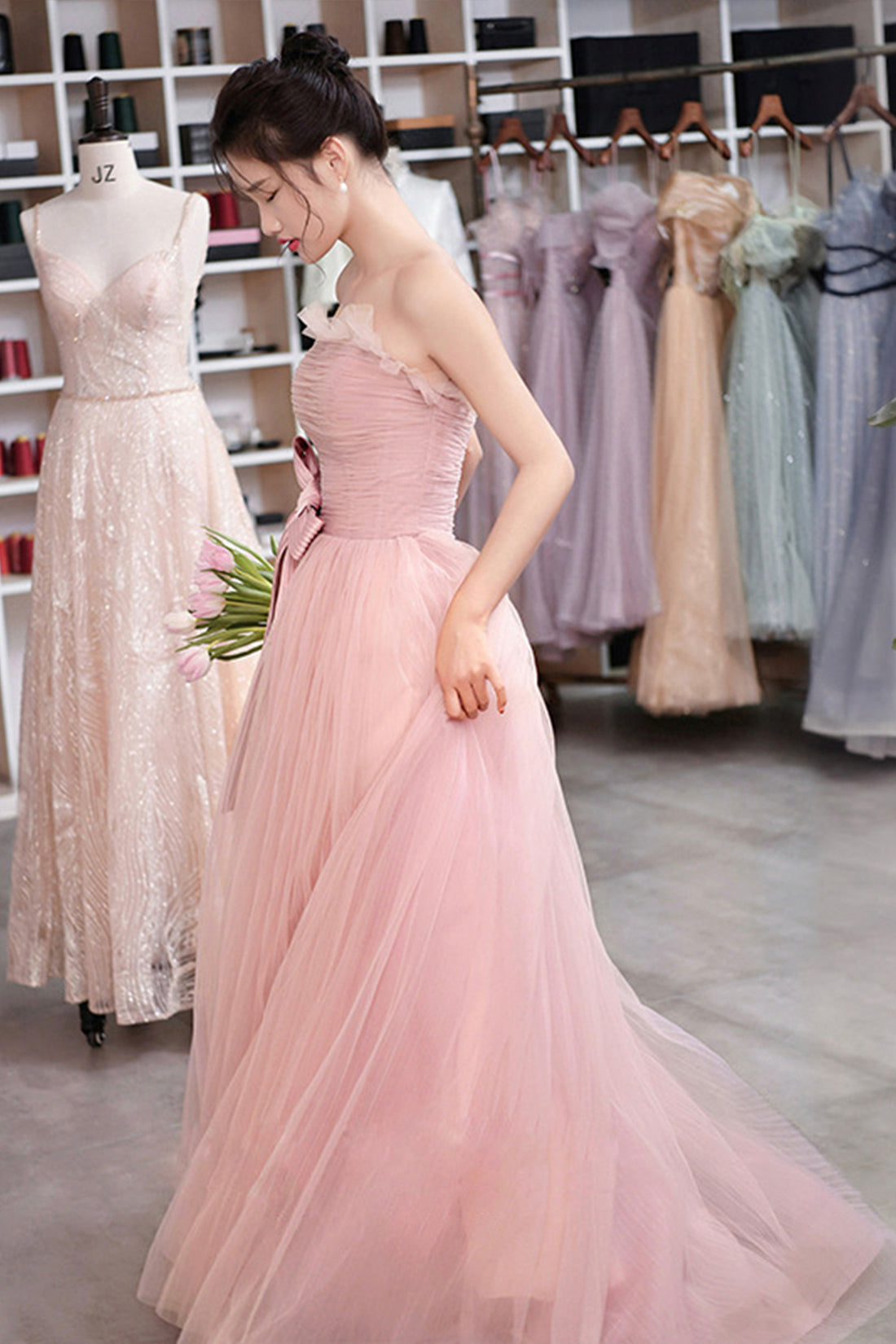Pink Strapless Tulle Long Prom Dress, Beautiful Sweetheart Evening Dress