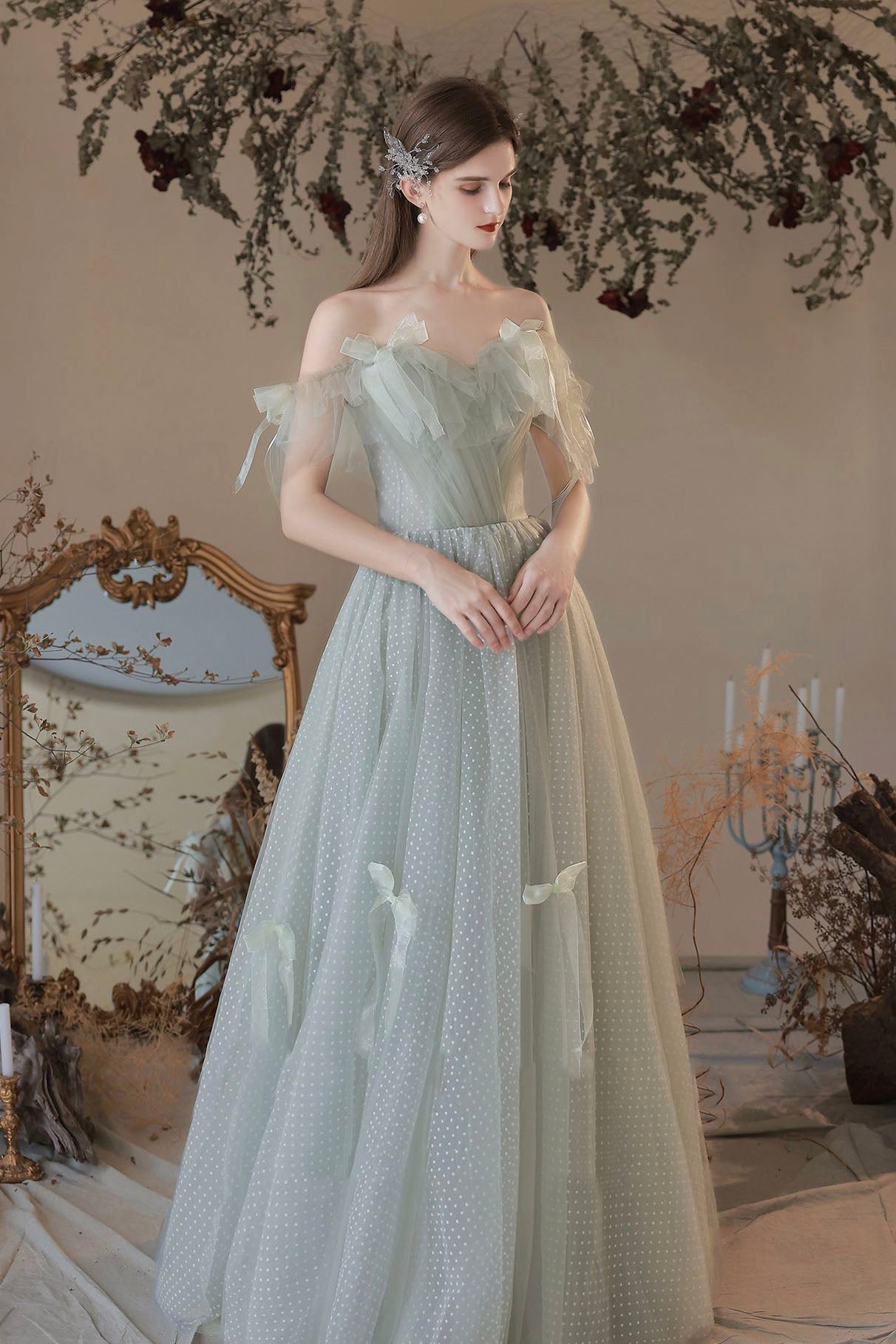 Light Green Tulle Long A-Line Prom Dress, Off the Shoulder Evening Par Light Green Tulle Long A-Line Prom Dress, Off the Shoulder Evening Par