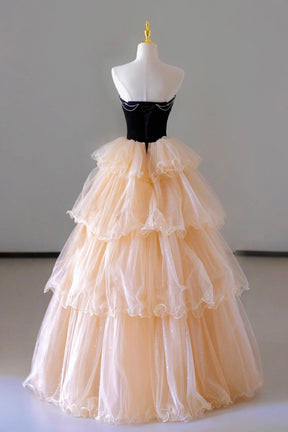 Champagne Sweetheart Tulle Layers Long Party Dress, Strapless A-Line Prom Dress