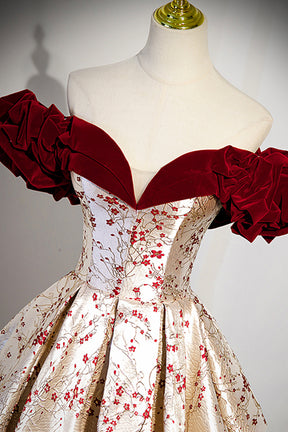 Off the Shoulder Floral Satin Long Prom Dress, Cute A-Line Evening Dress with Velvet