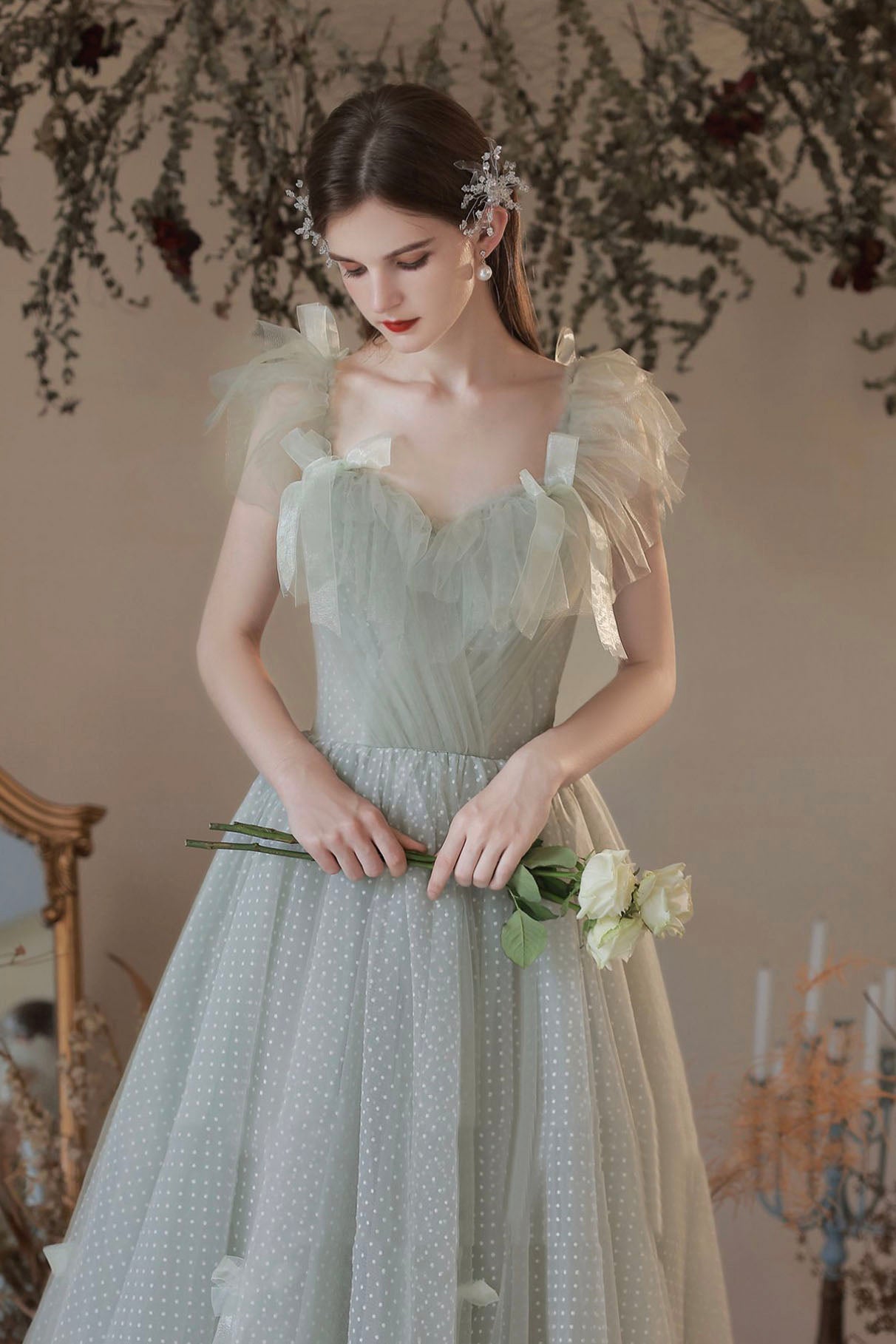 Light Green Tulle Long A-Line Prom Dress, Off the Shoulder Evening Par Light Green Tulle Long A-Line Prom Dress, Off the Shoulder Evening Par