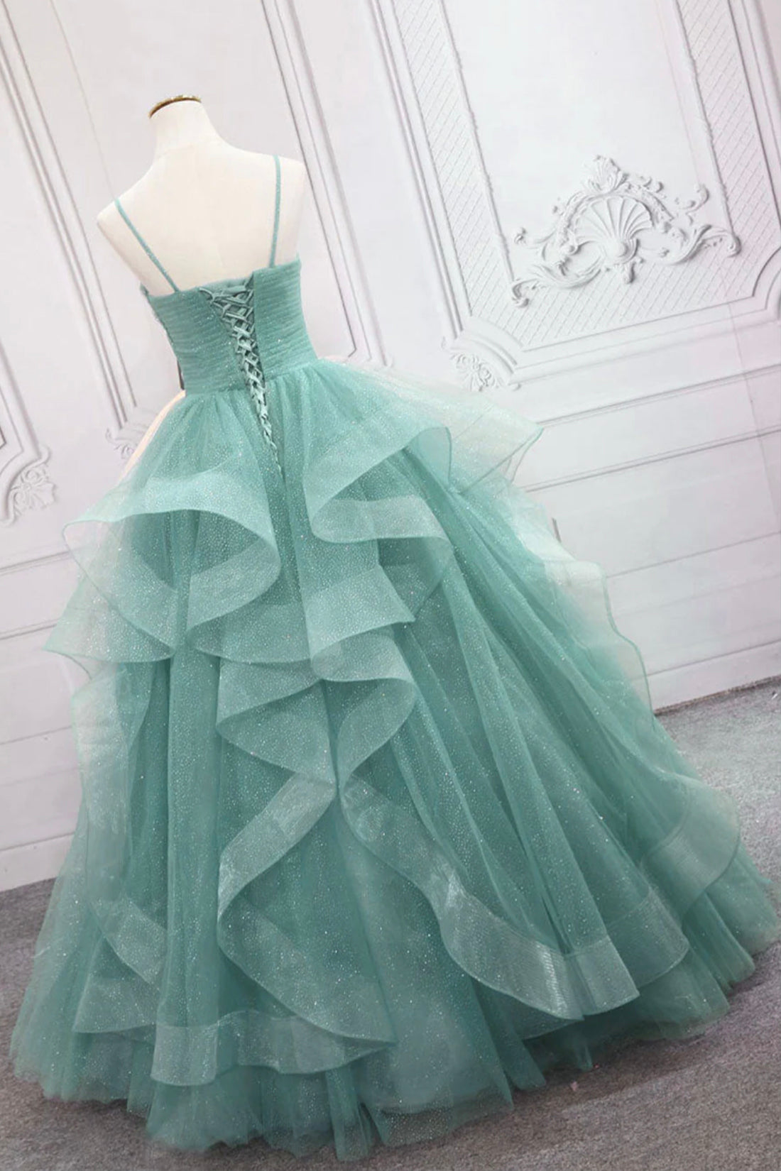 Green Spaghetti Strap Long Prom Dress, Green V-Neck Tulle Evening Dress