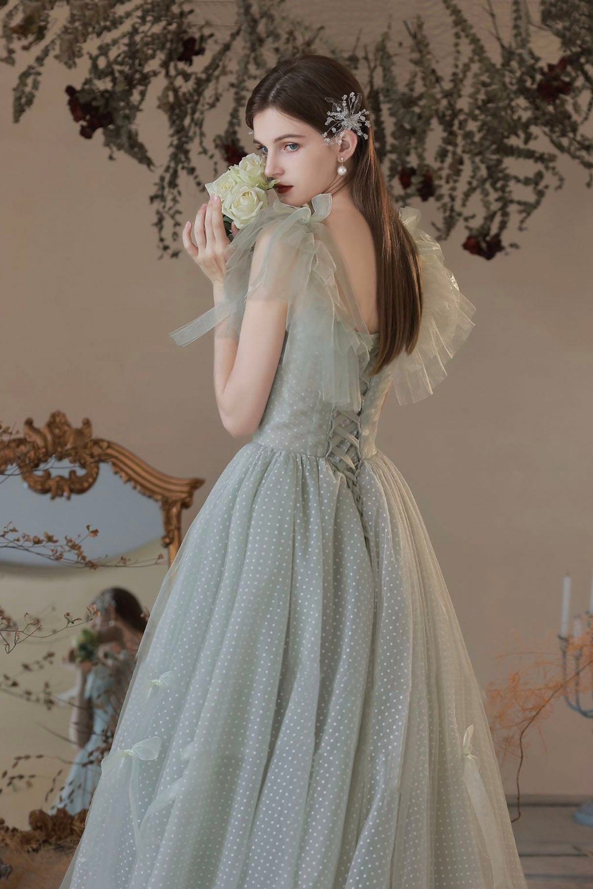 Light Green Tulle Long A-Line Prom Dress, Off the Shoulder Evening Par Light Green Tulle Long A-Line Prom Dress, Off the Shoulder Evening Par