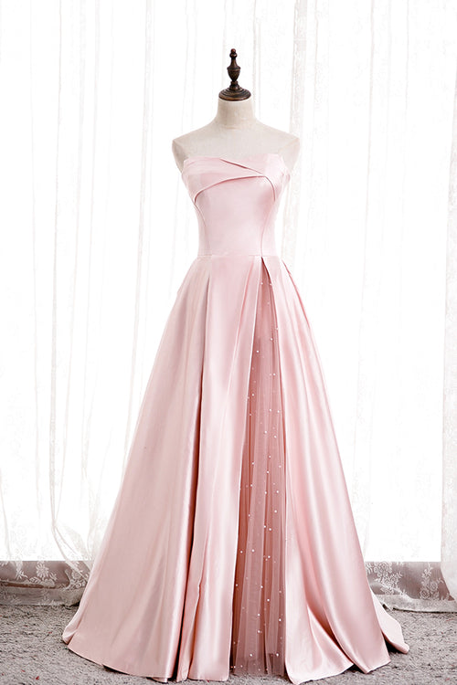 Pink two pieces satin long prom dress show waist evening dress