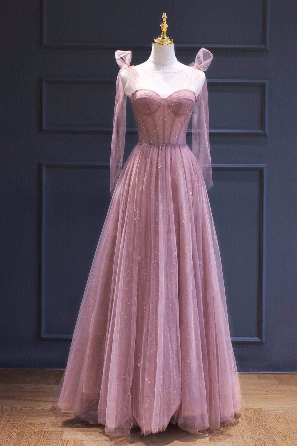 Pink Tulle Long A-Line Prom Dress, Pink Evening Dress with Corset