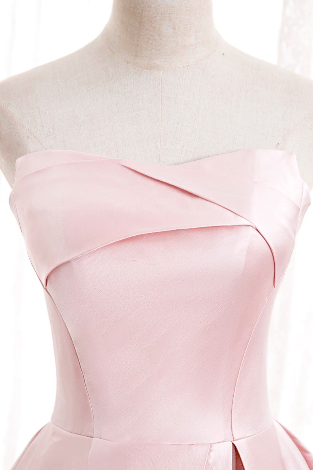 Pink Satin Long Prom Dress with Pearls, Pink Strapless Evening Dress