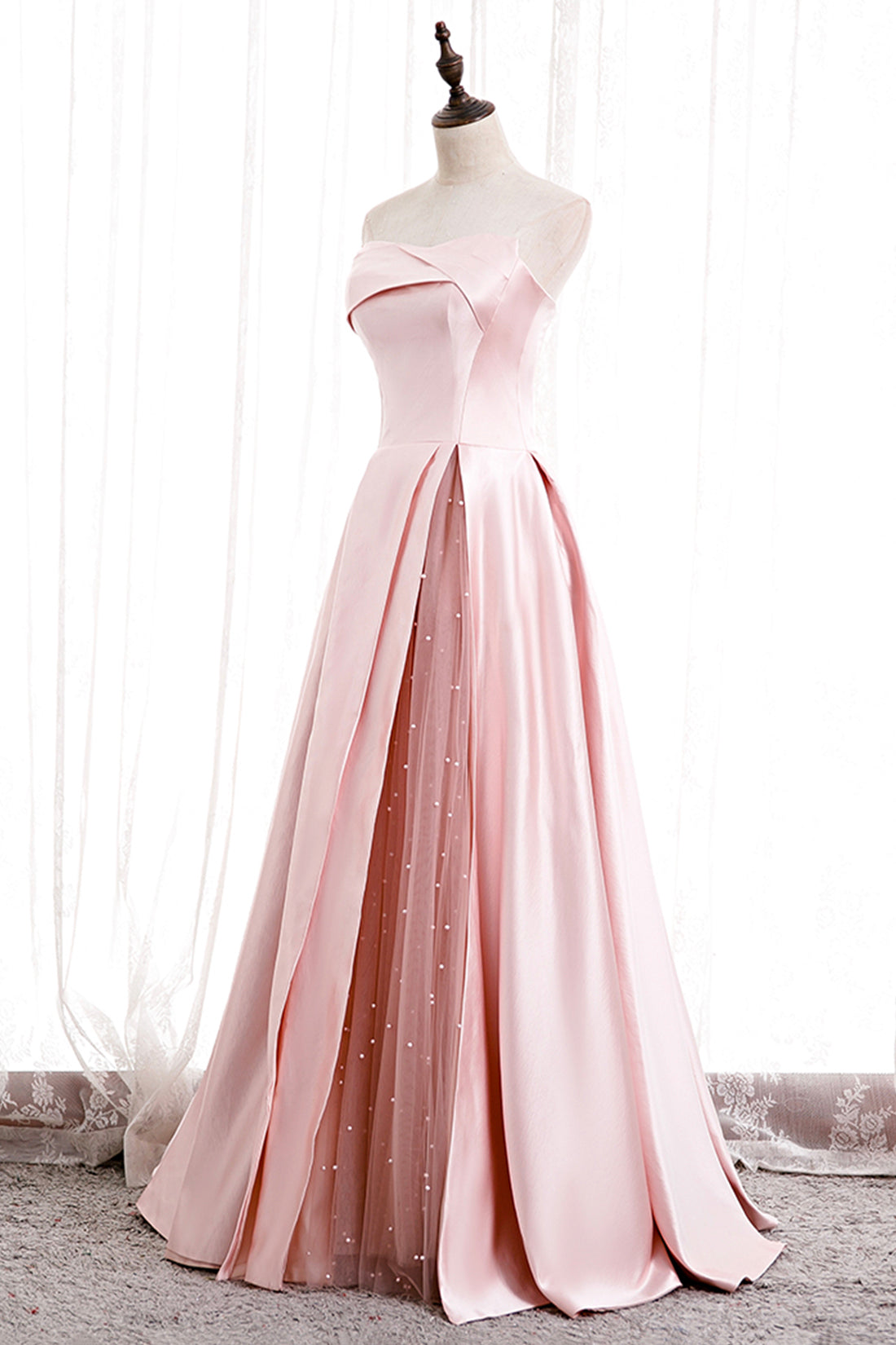 pink dress with pearls Pink Satin Long Prom Dress with Pearls, Pink Strapless Evening Dress