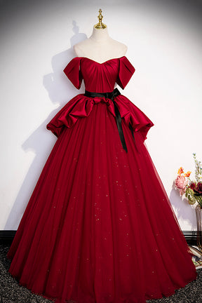 Burgundy Satin Tulle Long Prom Dress, Off Shoulder Evening Dress