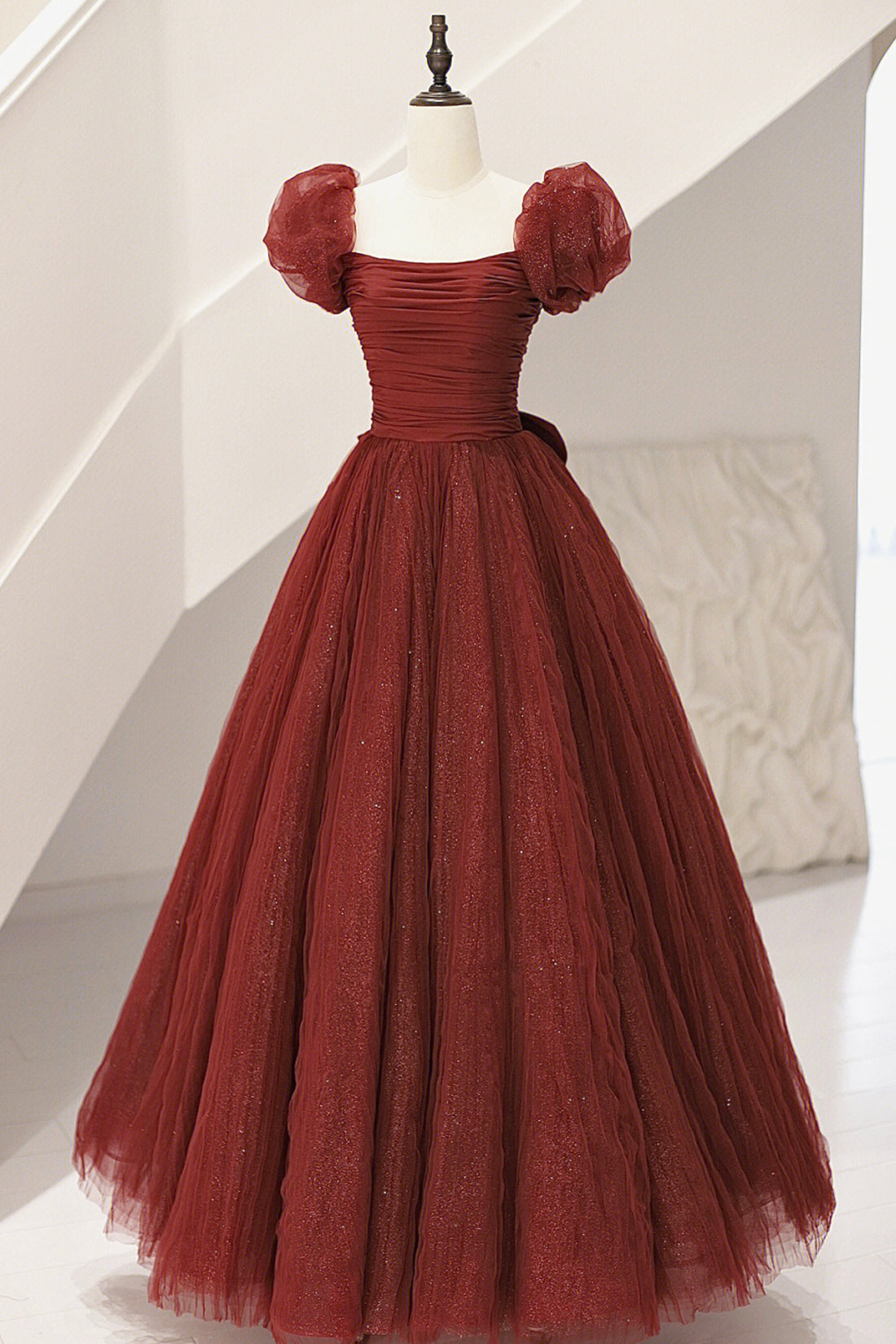 Burgundy Tulle Long A-Line Prom Dress, Cute Short Sleeve Evening Dress