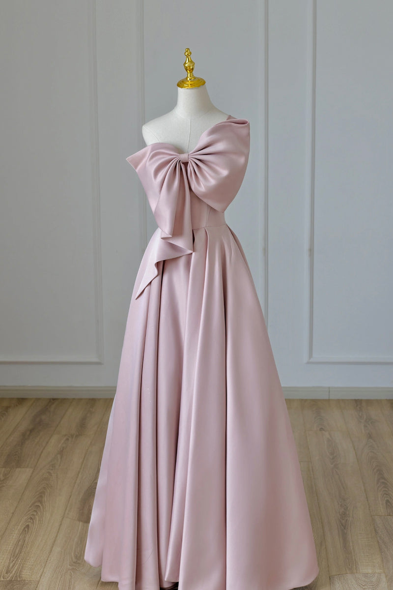 Pink Satin Long Prom Dress with Bow, One Shoulder Formal Evening Dress Pink Satin Long Prom Dress with Bow, One Shoulder Formal Evening Dress