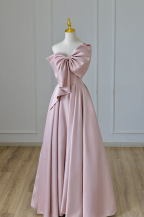 Pink Satin Long Prom Dress with Bow, One Shoulder Formal Evening Dress