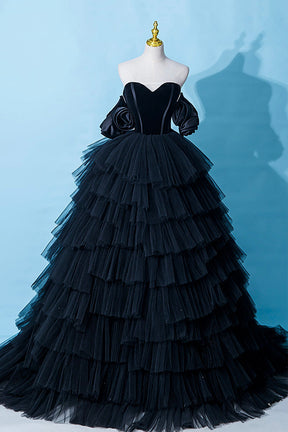 Black Tulle Layers Long Formal Dress, Black A-Line Strapless Evening Dress