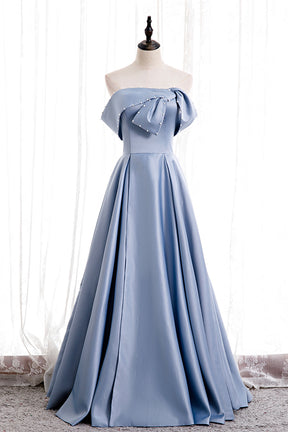 Blue Satin Long Prom Dress with Pearls, Blue A-Line Strapless Party Dress