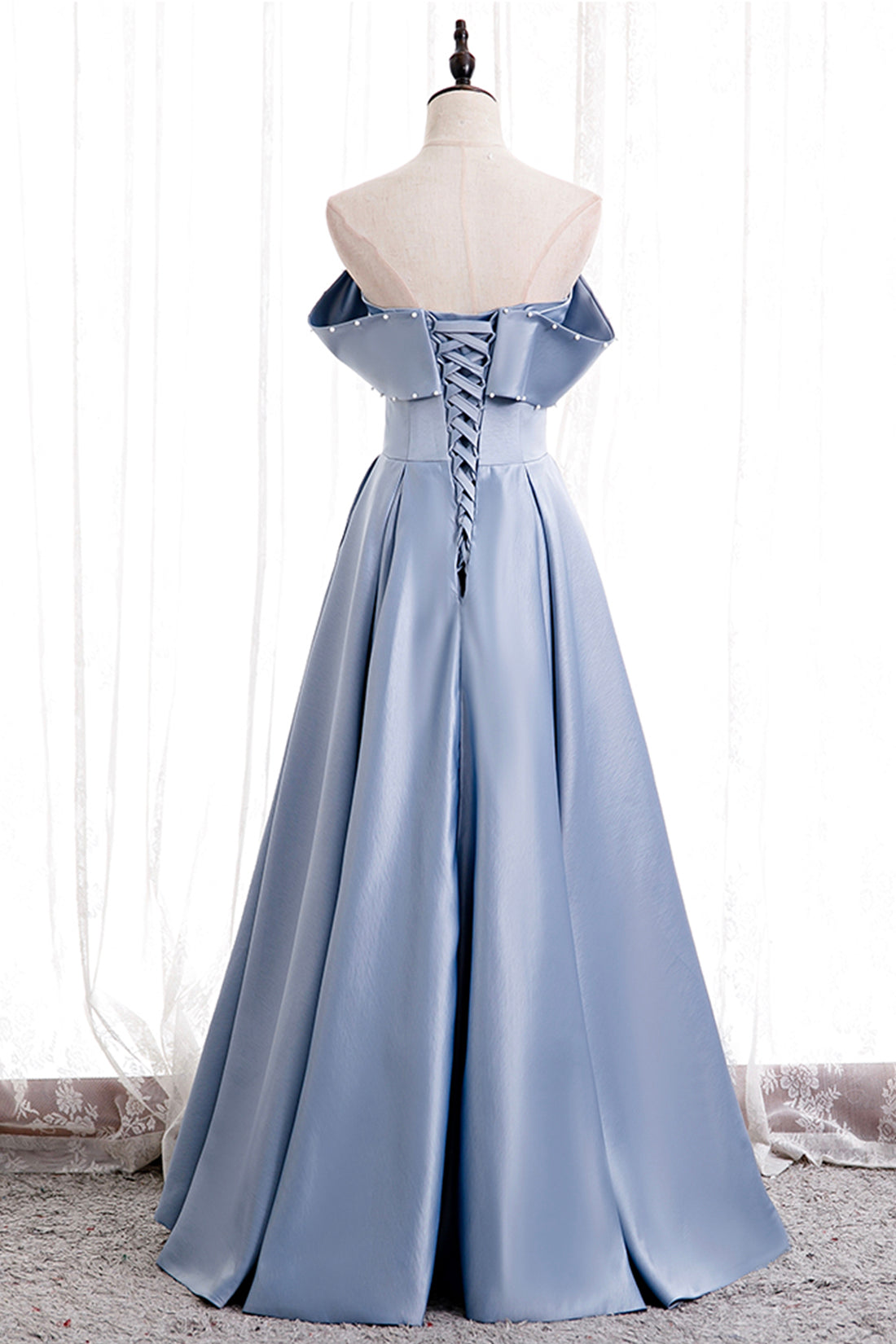 Blue Satin Long Prom Dress with Pearls, Blue A-Line Strapless Party Dress