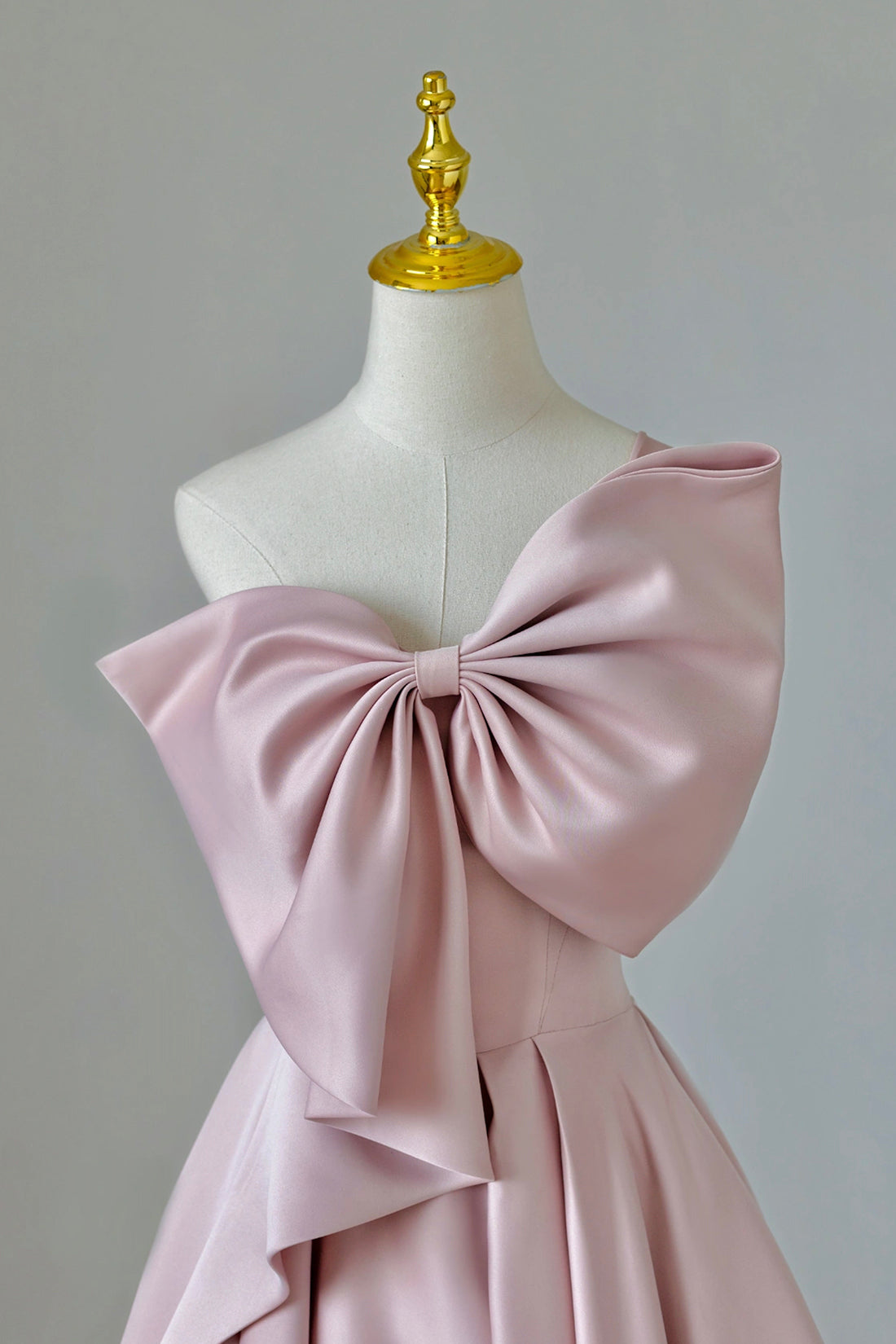 Pink Satin Long Prom Dress with Bow, One Shoulder Formal Evening Dress