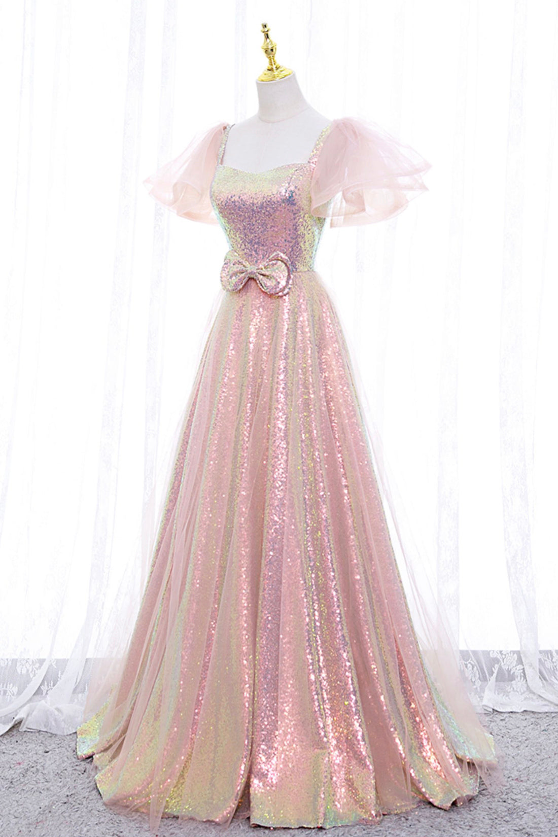 Pink Tulle Sequins Long Prom Dress, Cute Short Sleeve Evening Dress