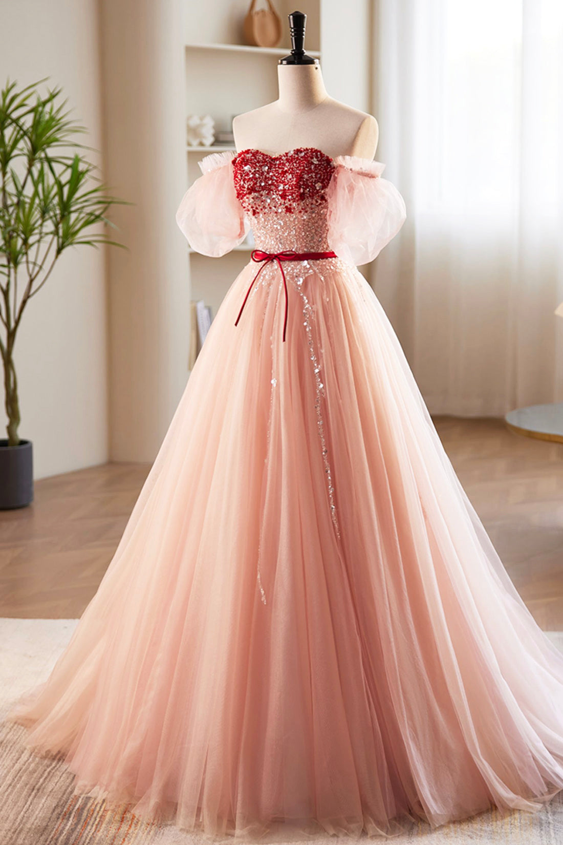 Pink Tulle Beaded Long Prom Dress, A-Line Off Shoulder Evening Party Dress