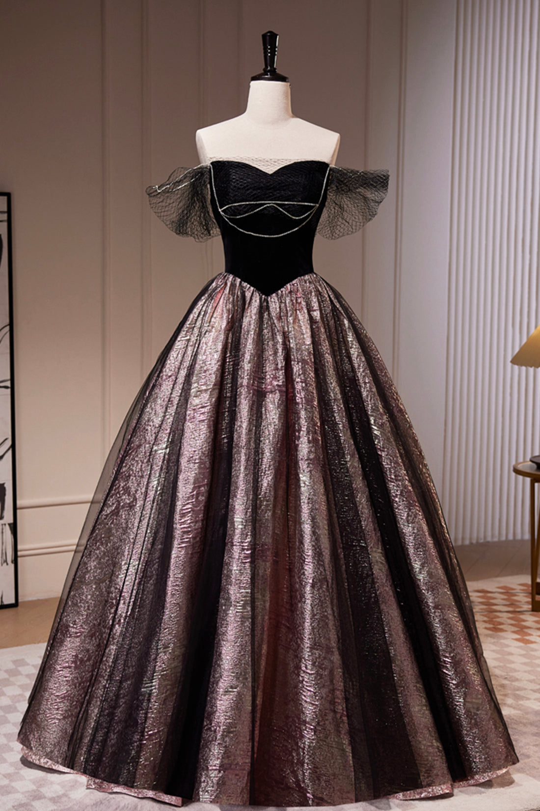 Black Satin Tulle Long Prom Dress, A-Line Off Shoulder Evening Dress Formal Dress