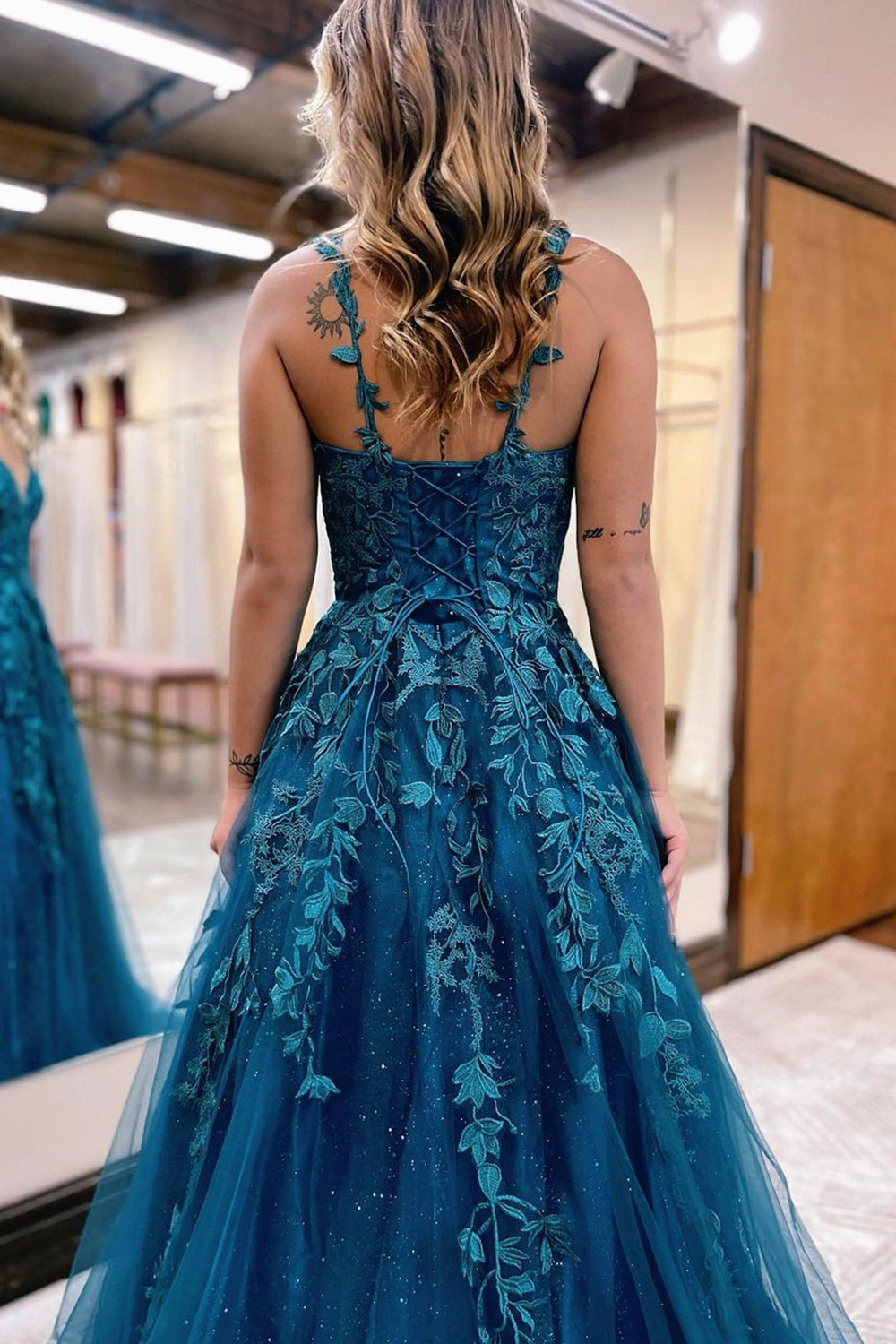 Blue V-Neck Lace Long Prom Dress, A-Line Blue Evening Dress Blue V-Neck Lace Long Prom Dress, A-Line Blue Evening Dress