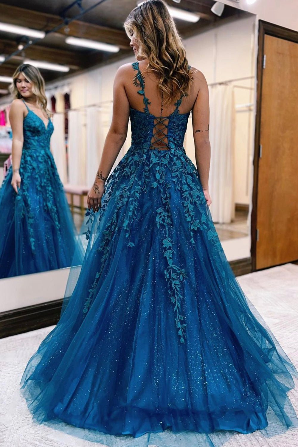Blue V-Neck Lace Long Prom Dress, A-Line Blue Evening Dress