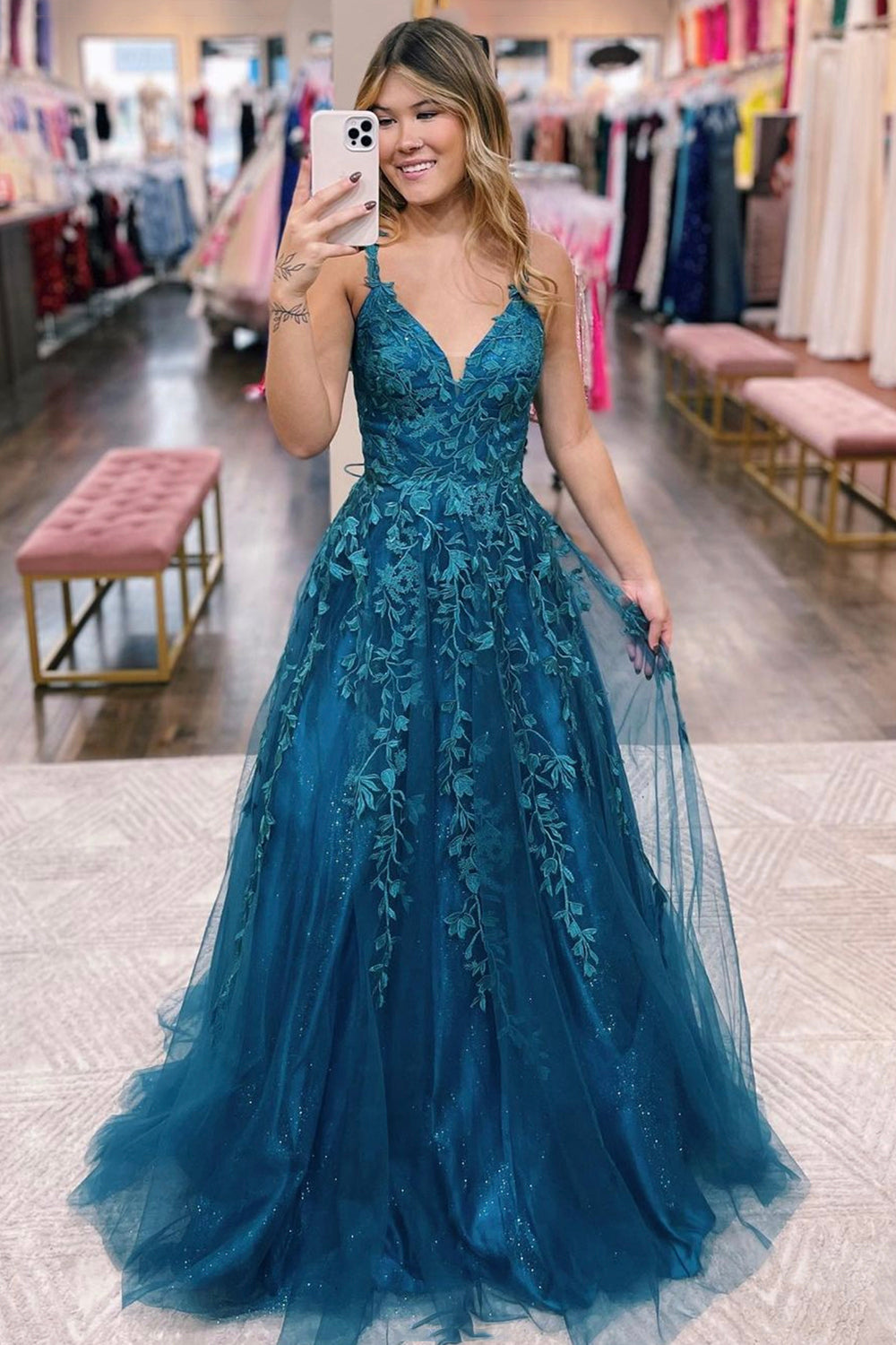 Blue V-Neck Lace Long Prom Dress, A-Line Blue Evening Dress