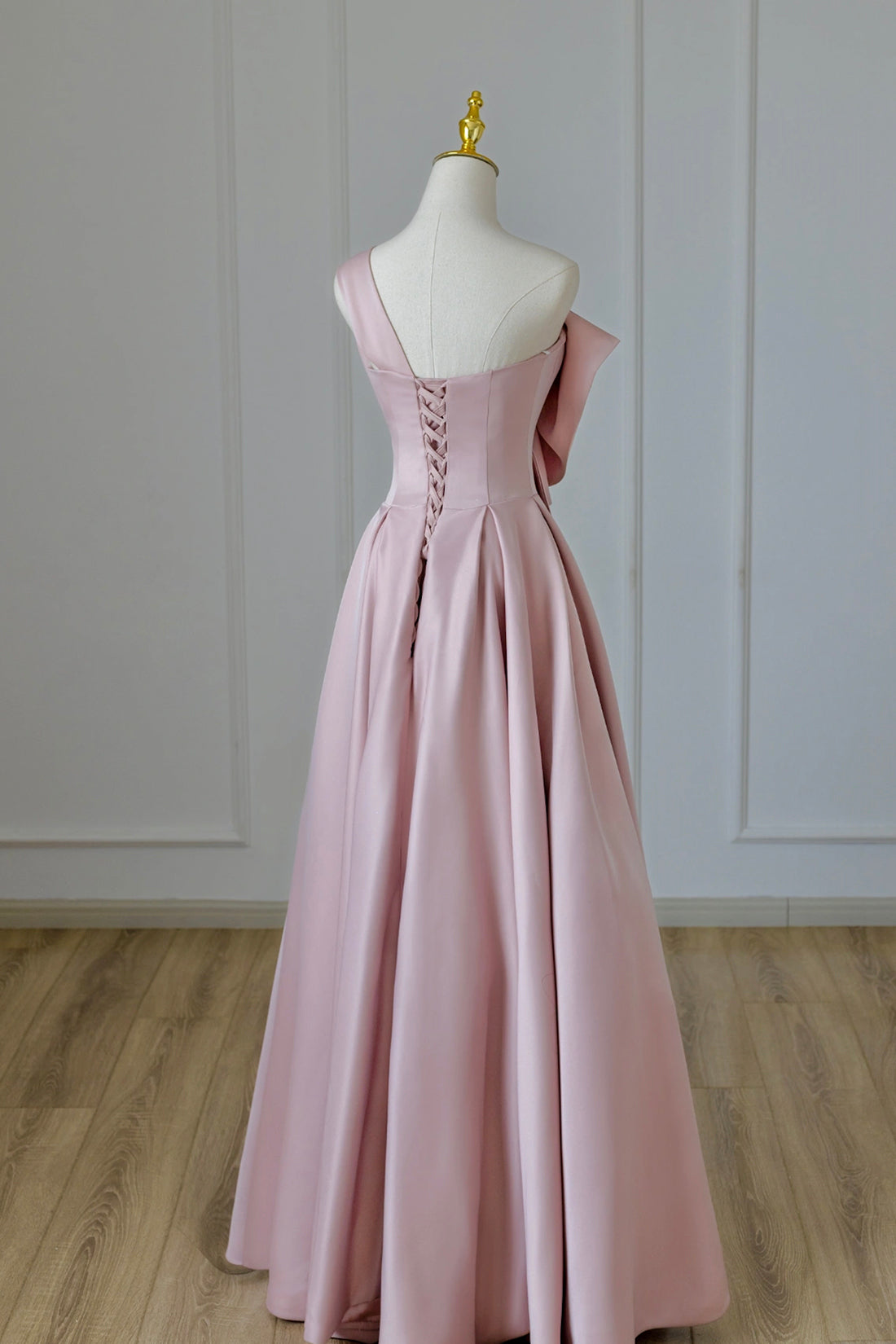 Pink Satin Long Prom Dress with Bow, One Shoulder Formal Evening Dress Pink Satin Long Prom Dress with Bow, One Shoulder Formal Evening Dress
