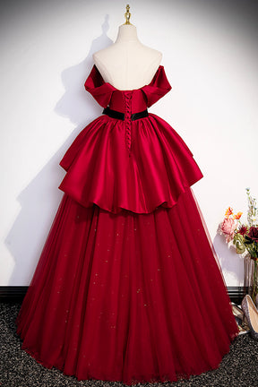 Burgundy Satin Tulle Long Prom Dress, Off Shoulder Evening Dress
