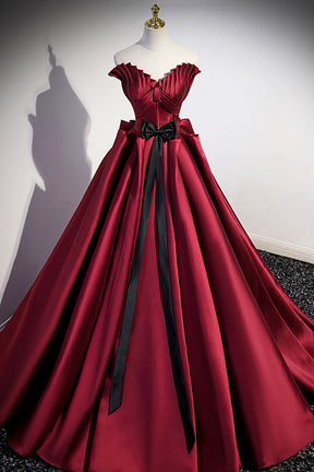 Burgundy Satin Long Prom Dress, Burgundy A-Line Evening Dress
