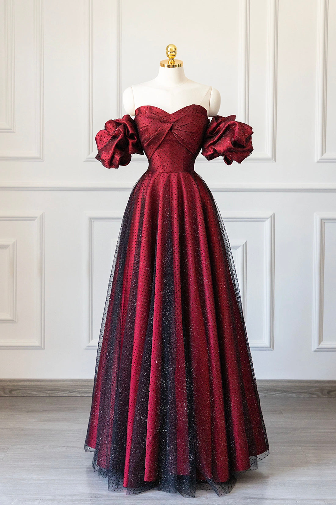Burgundy Satin Tulle Long Prom Dress, Off Shoulder Evening Party Dress Burgundy Satin Tulle Long Prom Dress, Off Shoulder Evening Party Dress