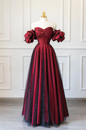 Burgundy Satin Tulle Long Prom Dress, Off Shoulder Evening Party Dress