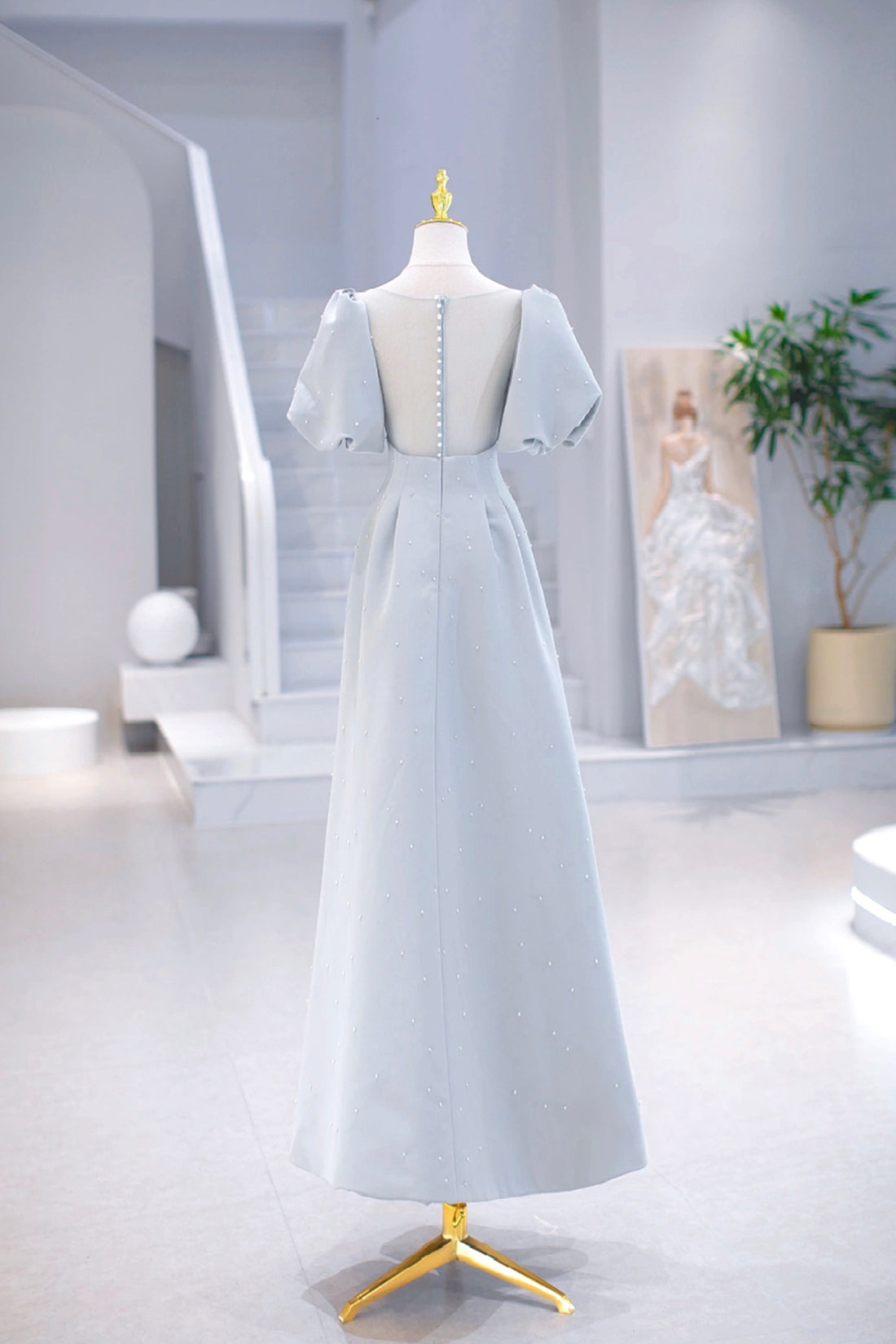 Light Blue Satin Long Prom Dress with Pearls, A-Line Short Sleeve Part Light Blue Satin Long Prom Dress with Pearls, A-Line Short Sleeve Part