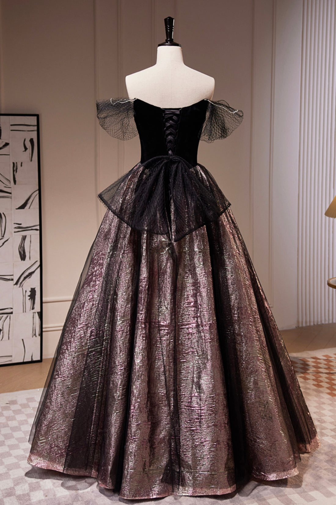 Black Satin Tulle Long Prom Dress, A-Line Off Shoulder Evening Dress F Black Satin Tulle Long Prom Dress, A-Line Off Shoulder Evening Dress F