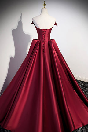Burgundy Satin Long Prom Dress, Burgundy A-Line Evening Dress