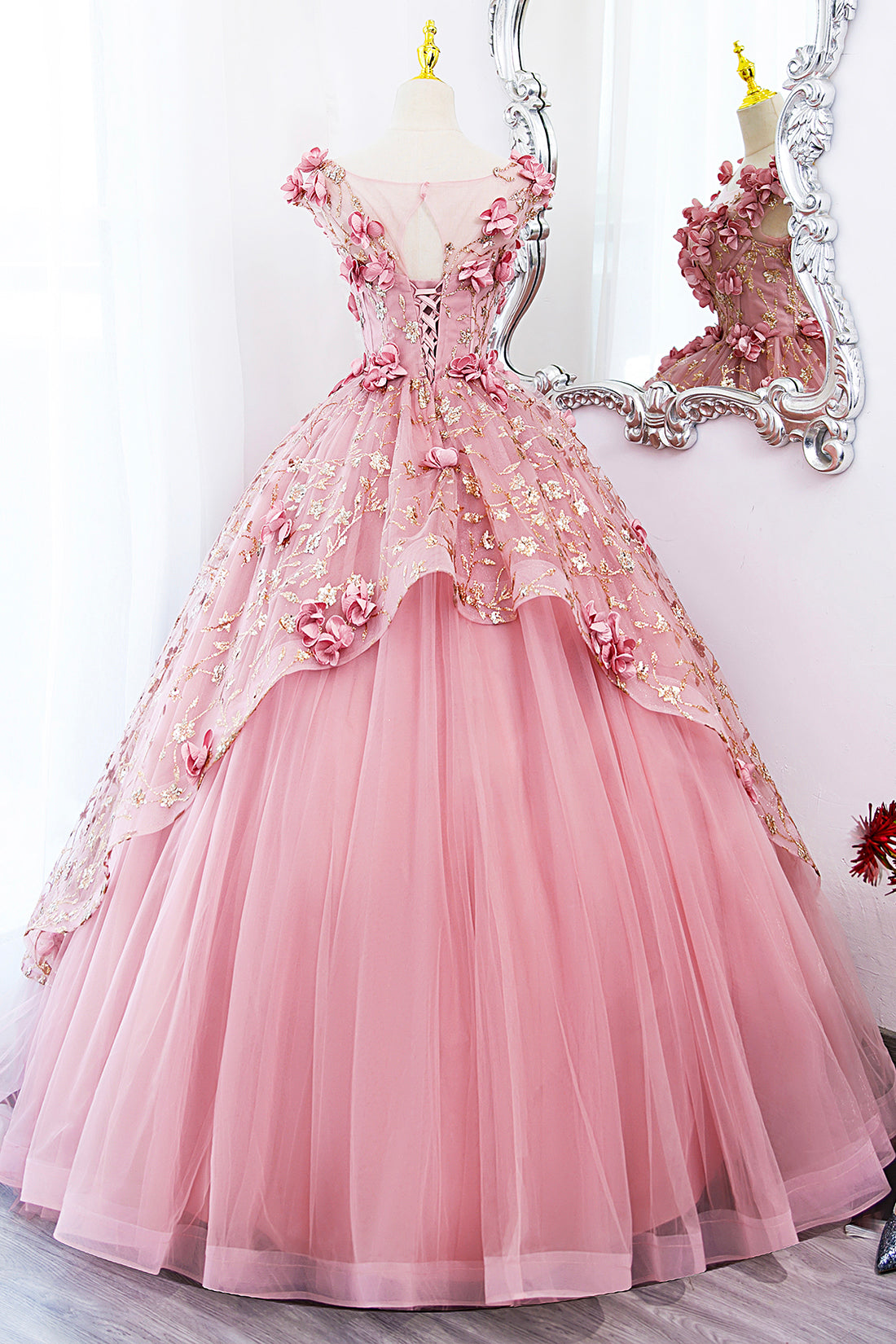 Beautiful Pink Tulle Long Prom Dress with Flowers, Lovely Tulle Sweet 16 Dress