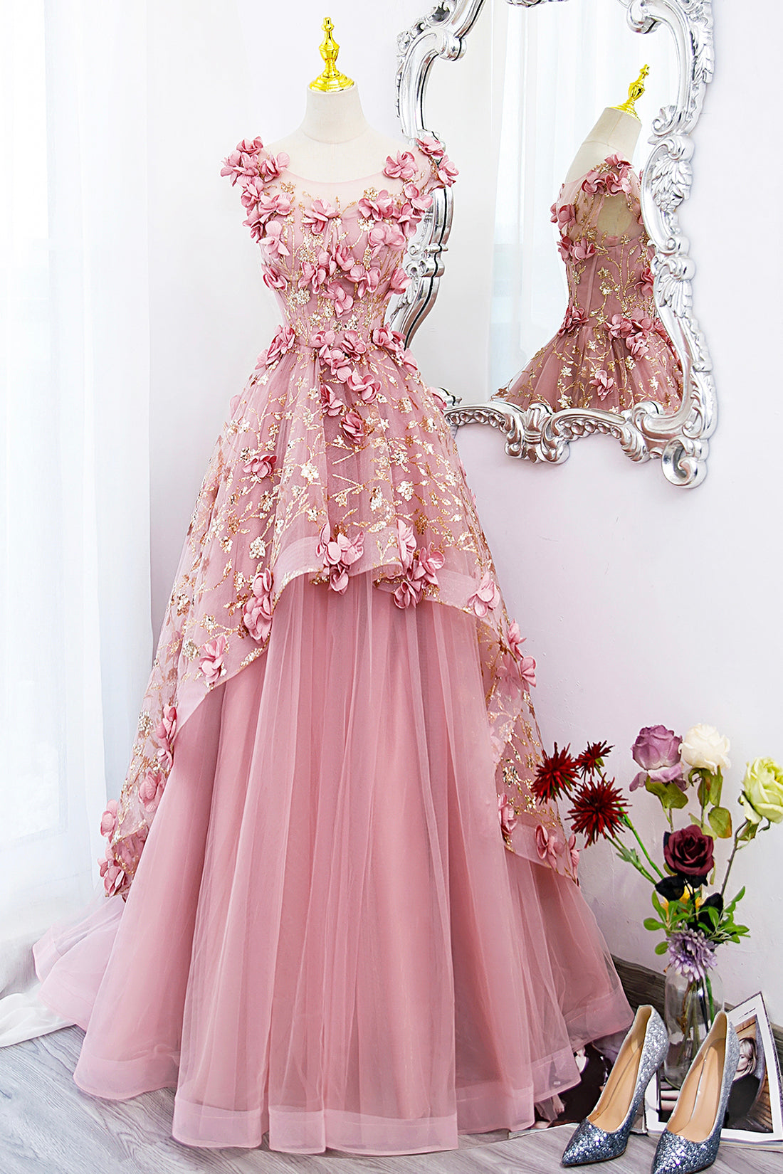 Beautiful Pink Tulle Long Prom Dress with Flowers, Lovely Tulle Sweet 16 Dress