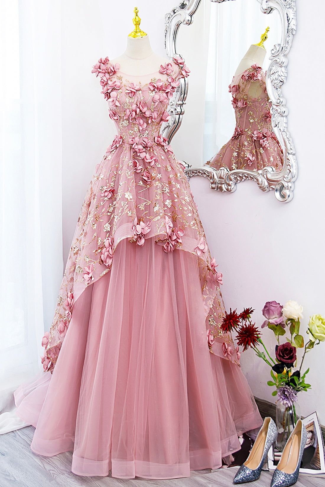 Beautiful Pink Tulle Long Prom Dress with Flowers, Lovely Tulle Sweet Beautiful Pink Tulle Long Prom Dress with Flowers, Lovely Tulle Sweet
