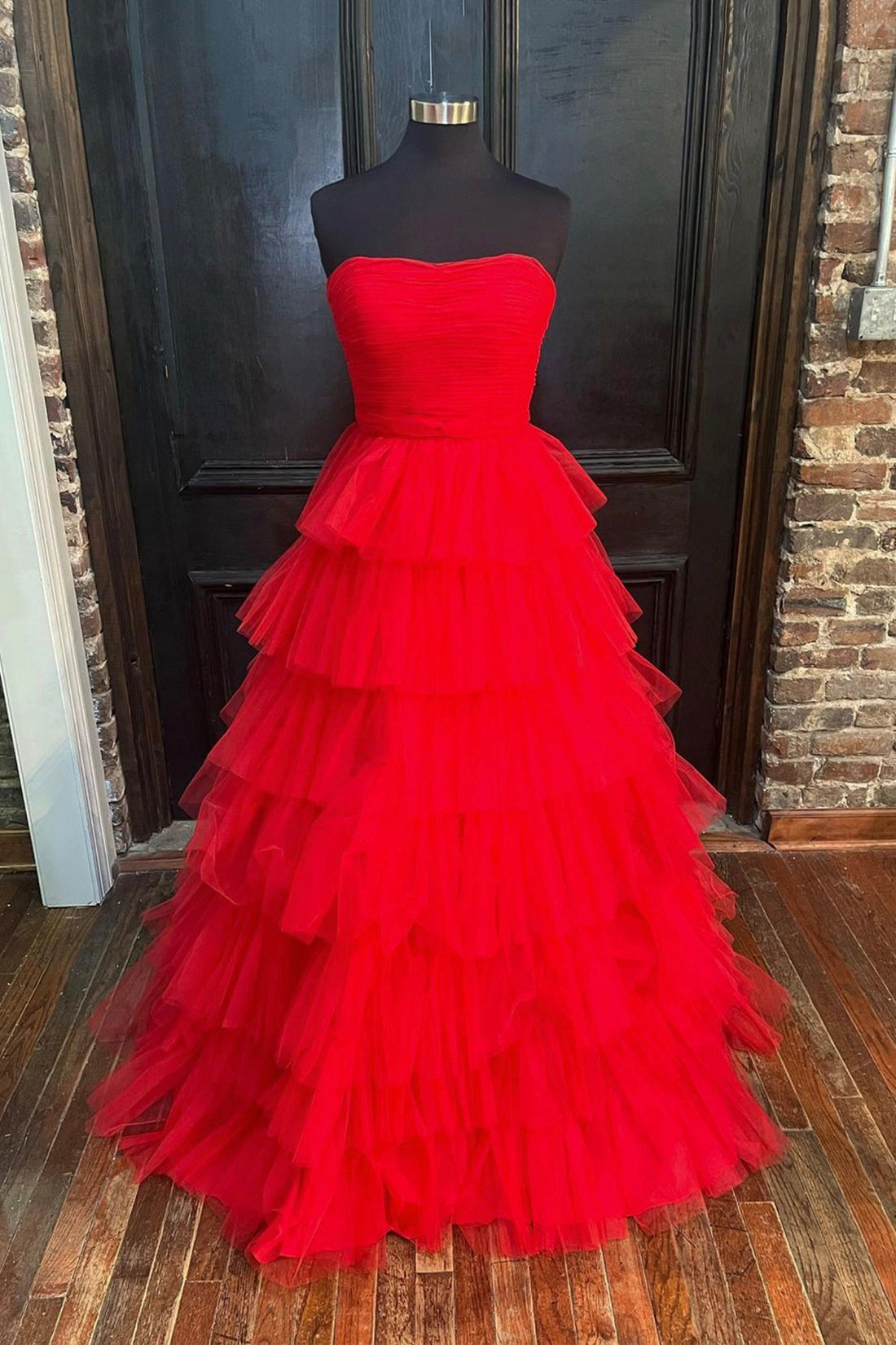 Red Strapless Tulle Layers Long Prom Dress, A-line Sweetheart Red Evening Dress