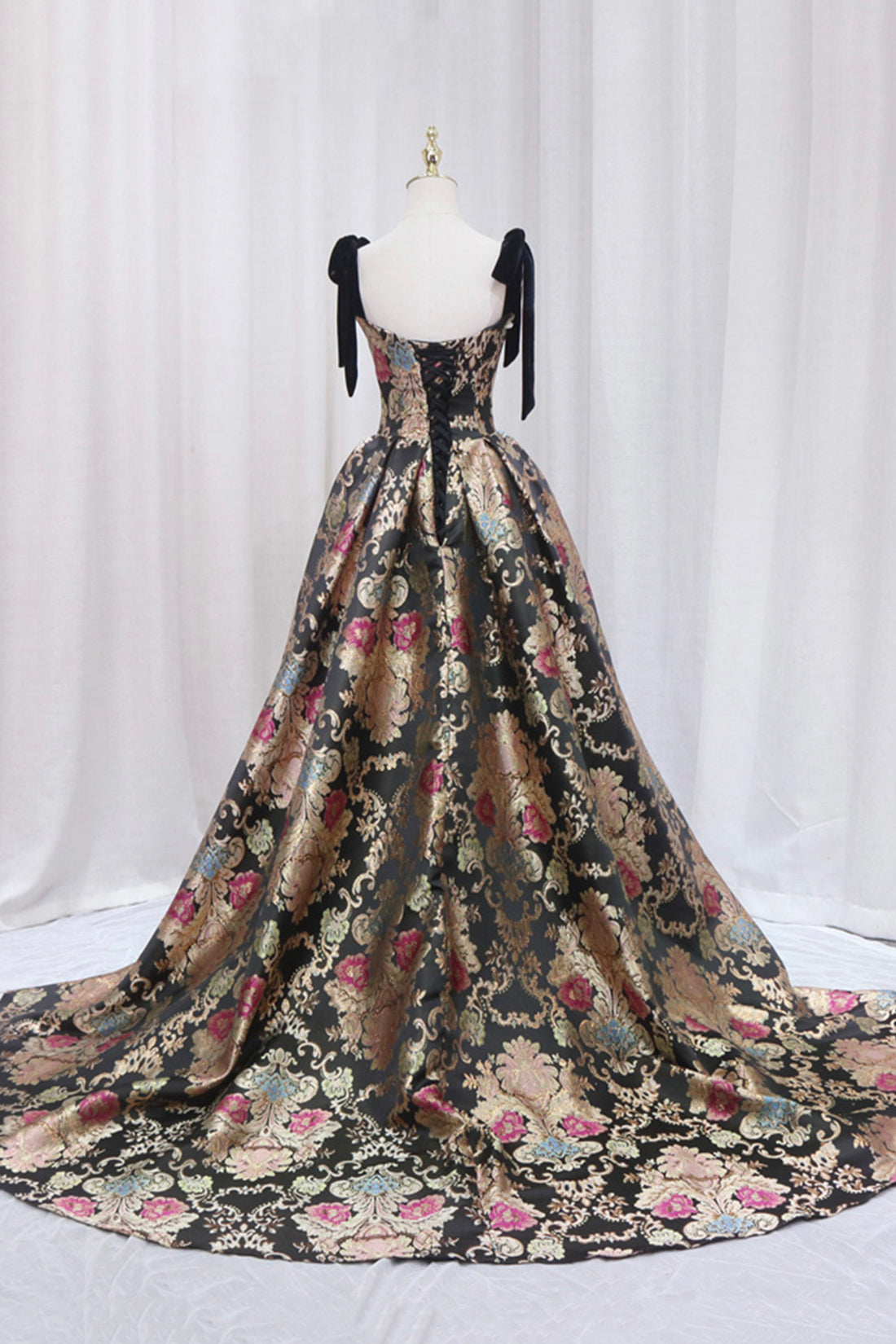 Unique Floral Floor Length Prom Dress, A-Line Black Evening Dress