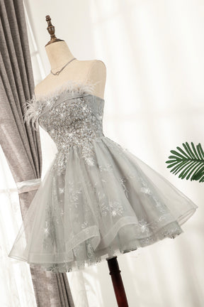 Gray Strapless Tulle Short Prom Dress with Sequins, Cute A-Line Party Dress