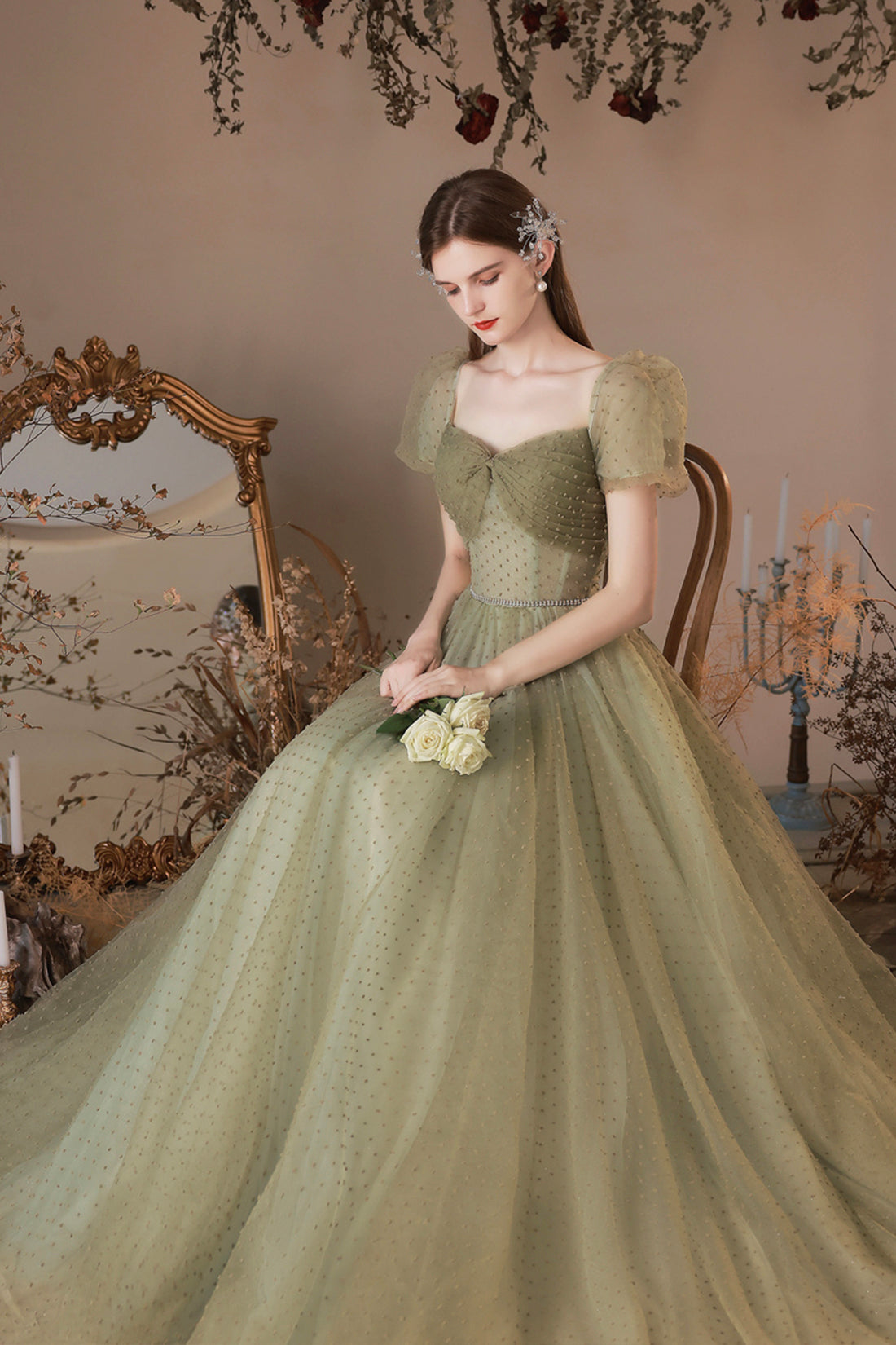 Viridis dress green fairy princess with ruffled tiered skirt tulle ballgown  wedding/prom dress - various styles