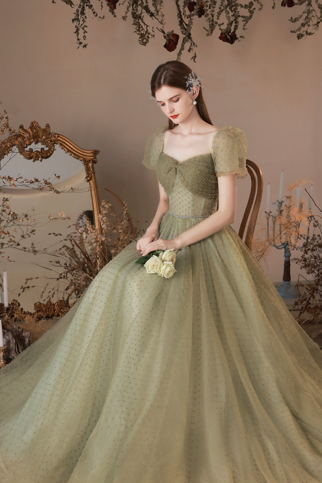 Green Tulle Long A-Line Prom Dress, Cute Evening Dress Green Tulle Long A-Line Prom Dress, Cute Evening Dress