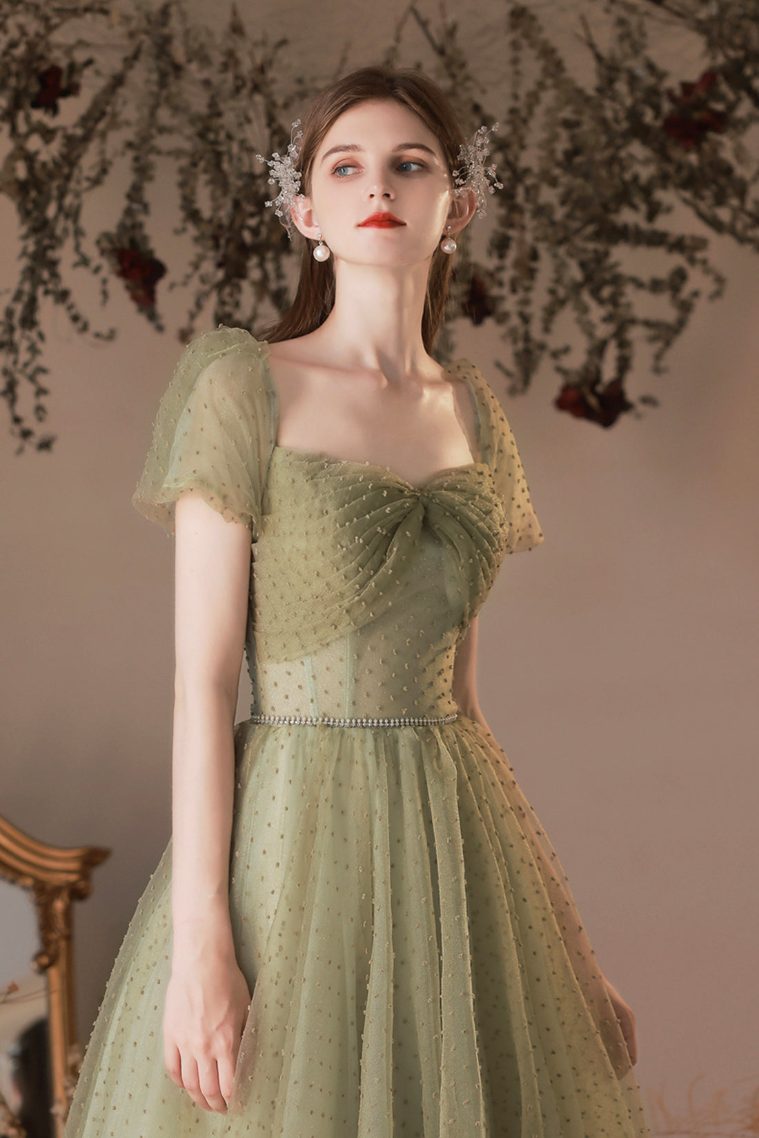 Green Tulle Long A-Line Prom Dress, Cute Evening Dress