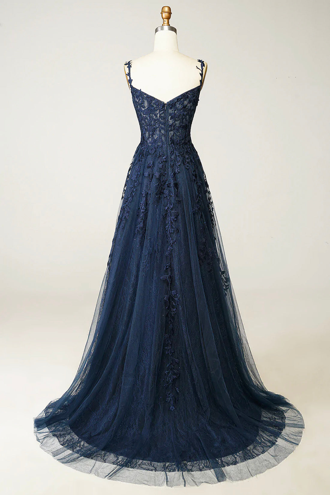 Navy Blue Tulle Lace Long Prom Dress, Beautiful Spaghetti Straps Forma Navy Blue Tulle Lace Long Prom Dress, Beautiful Spaghetti Straps Forma
