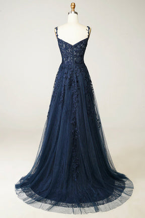 Navy Blue Tulle Lace Long Prom Dress, Beautiful Spaghetti Straps Formal Dress