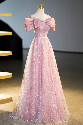 Beautiful Tulle Sequins Long Prom Dress, Pink Off Shoulder Evening Dress